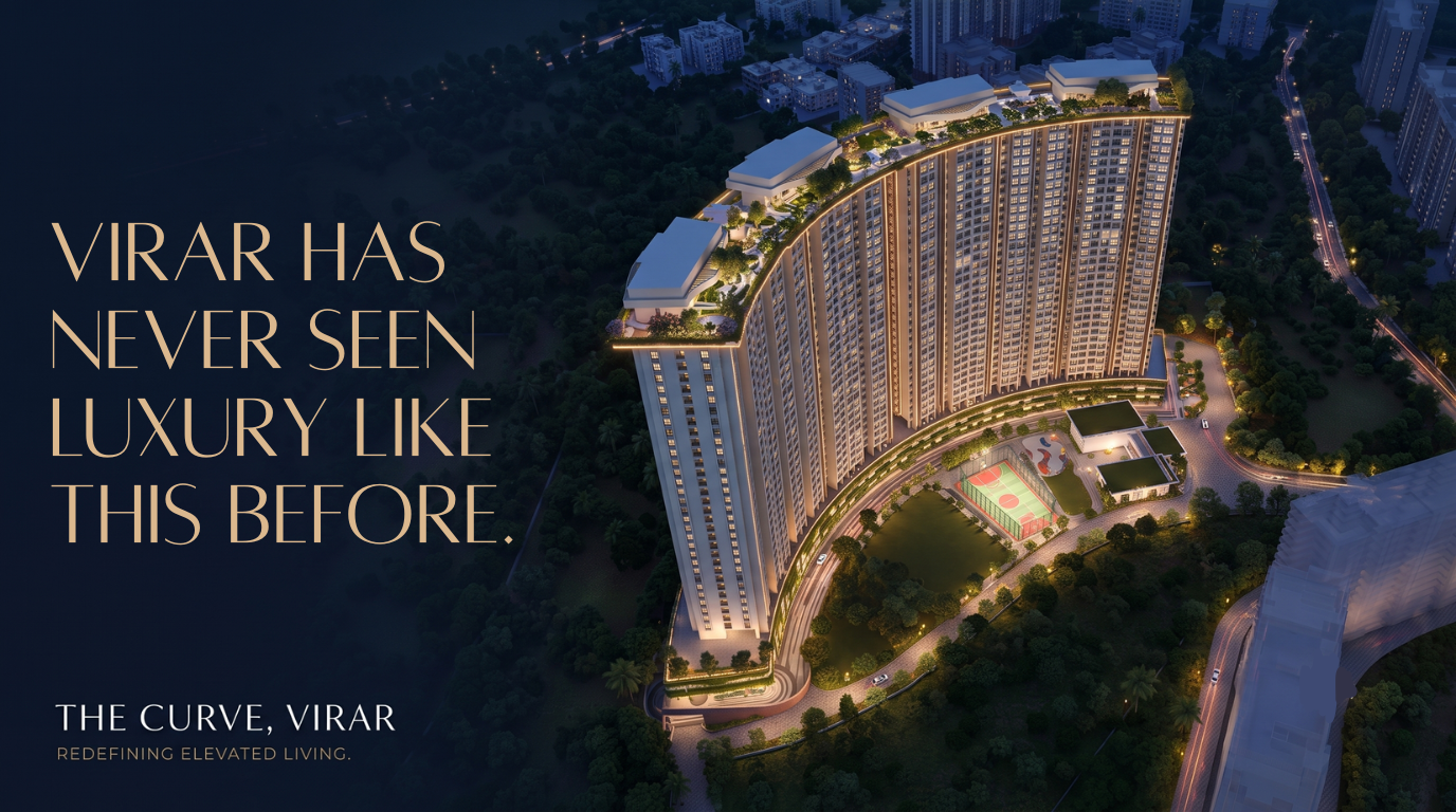 The Curve luxury residential tower in Virar West, Mumbai — exterior aerial view